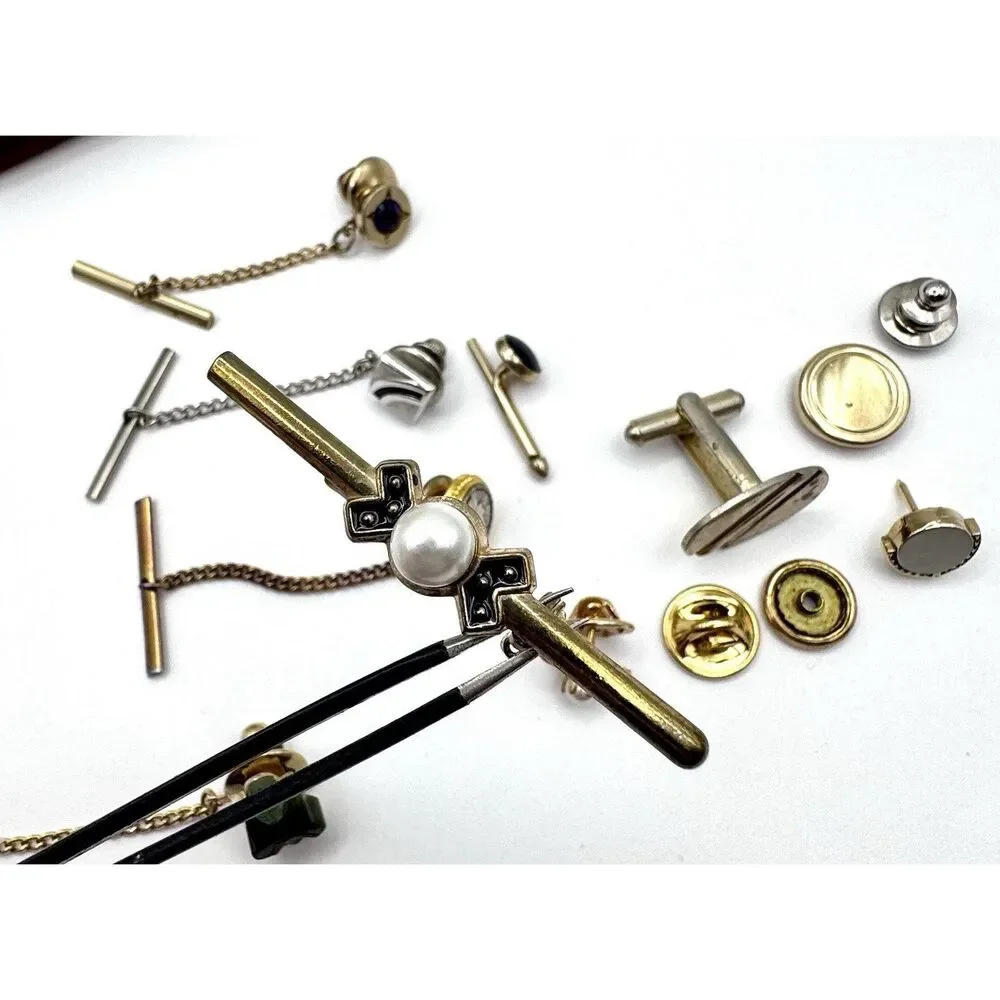 Lot of Vintage Tie Tacks Pins Jade Buddah Gold Tone Roman Coin Amethyst Pearl